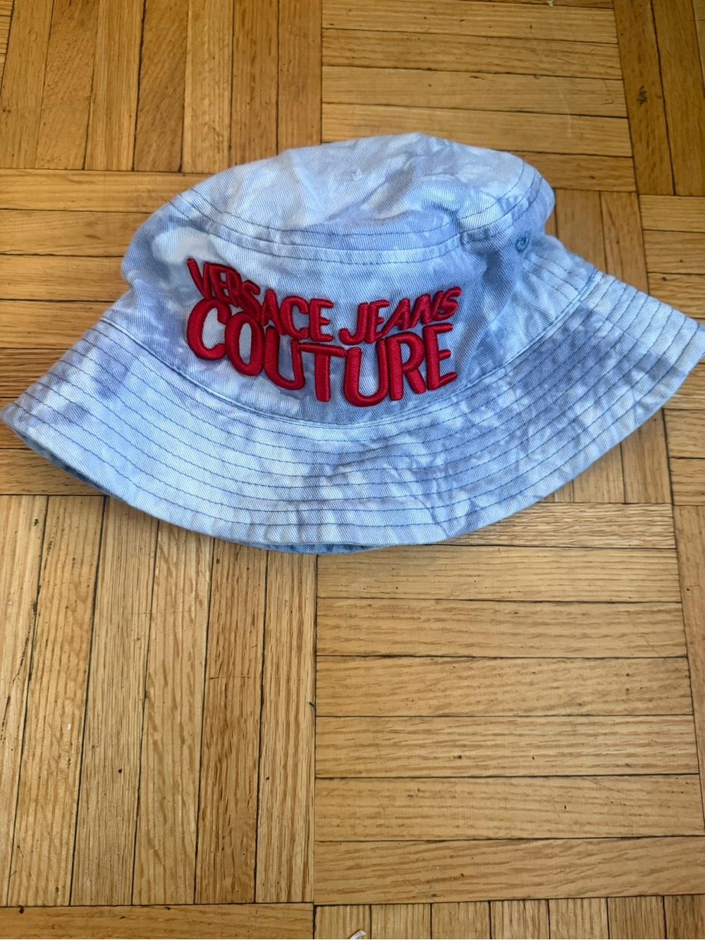 Versace Jeans Couture Light Blue Tie-Dye Bucket Hat with Black Trim